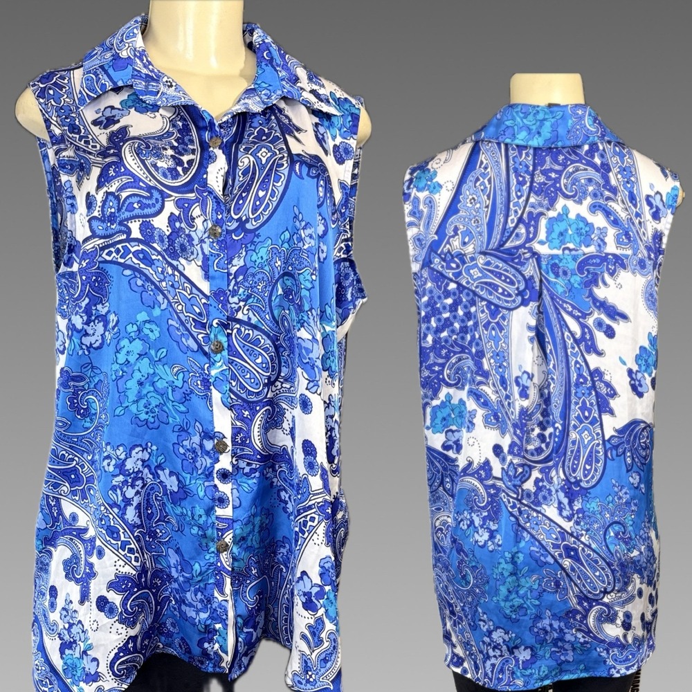 Apropos Women's Blue White Paisley Floral Sleeveless Button Front Collar Blouse